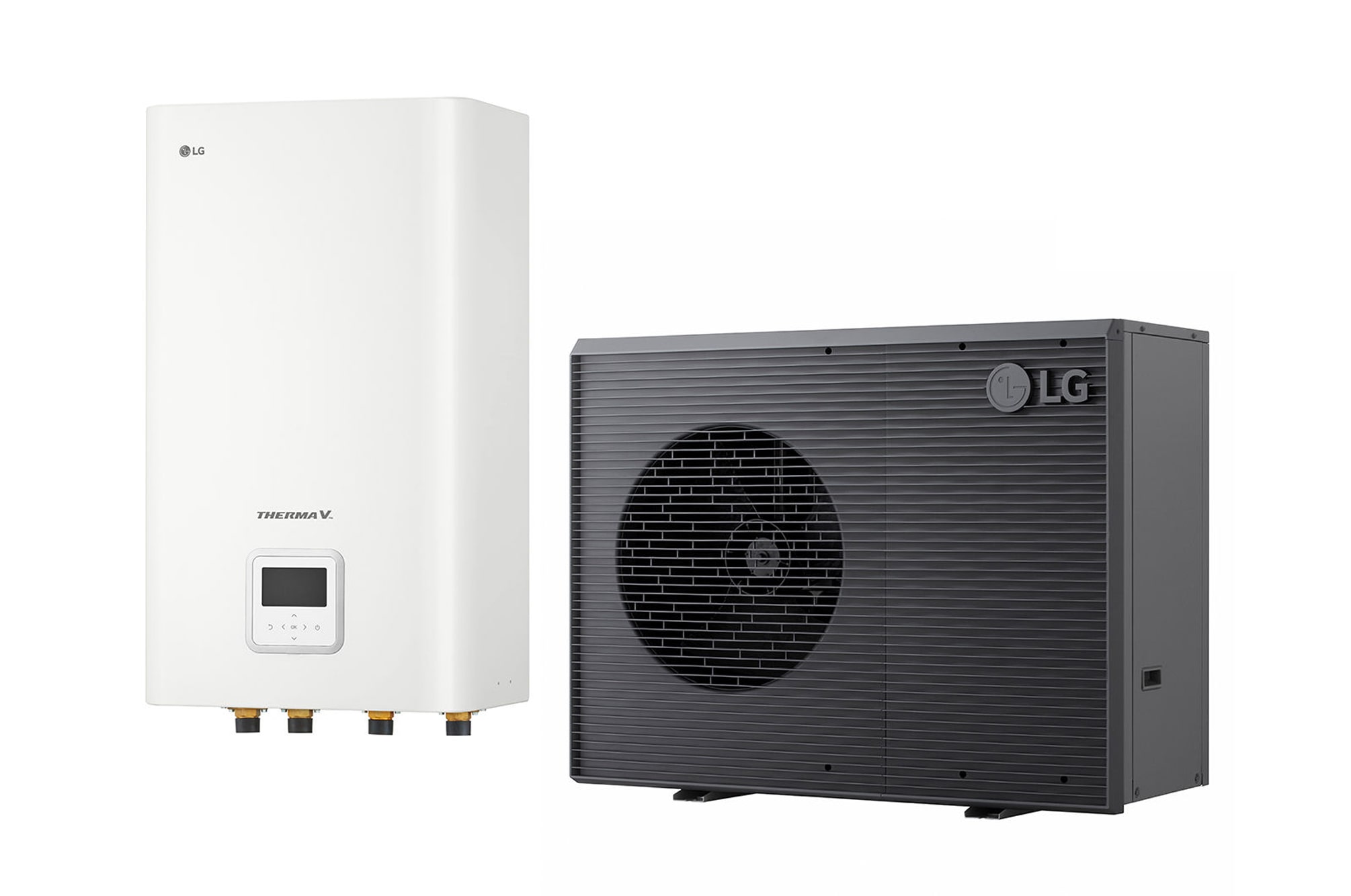 LG Luft-Wasser-Wärmepumpe THERMA V, schwarzes Außengerät mit grauem Wellengitter