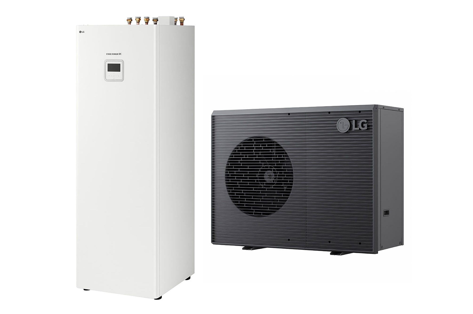 LG Luft-Wasser-Wärmepumpe THERMA V, schwarzes Außengerät mit grauem Wellengitter