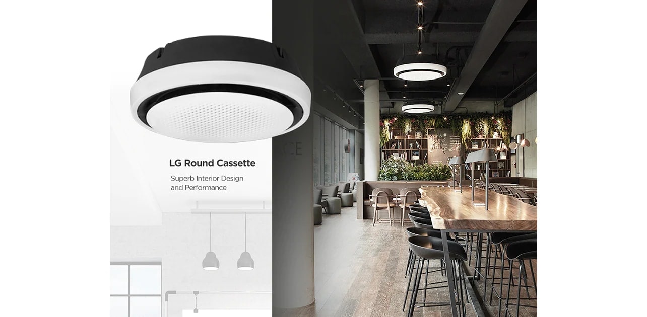 Veranschaulichung des Innendesigns eines Restaurants mit der LG Rundkassette für ein modernes Design.