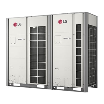 LG MULTI V i ZRUM260LTE6 Außengerät, 26HP. Two units with 2x1 square-shaped ducts and 1x1 quadratische Kanäle auf der rechten Seite der Vorderseite sowie auf jeder Seite des Geräts.
