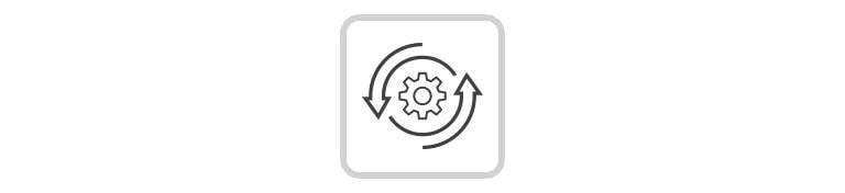 A cogwheel surrounded by two circulating arrows.