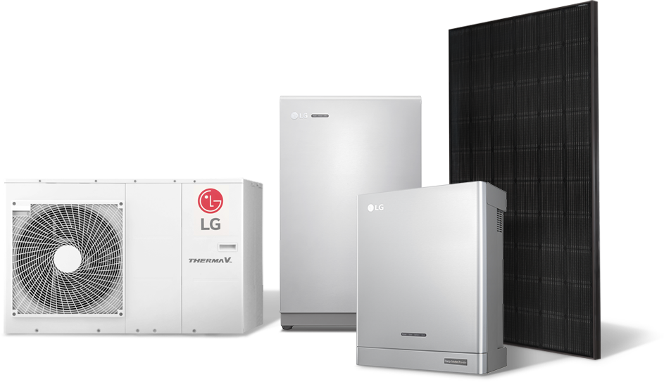 Ein Gruppenbild von LG-Solarmodul, Energiespeichersystemen und AWHP-Produkt.