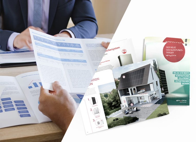 Ein geteiltes Bild, das zwei verschiedene LG Home Energy Package Handouts zeigt.