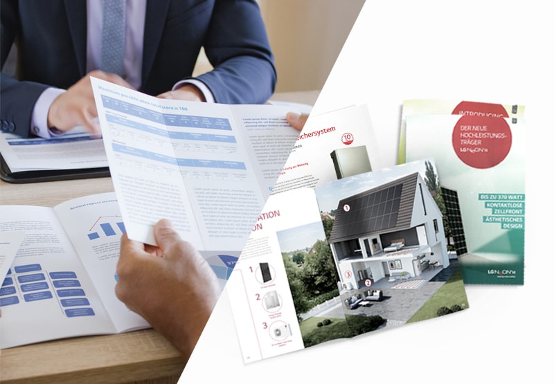 Ein geteiltes Bild, das zwei verschiedene LG Home Energy Package Handouts zeigt.