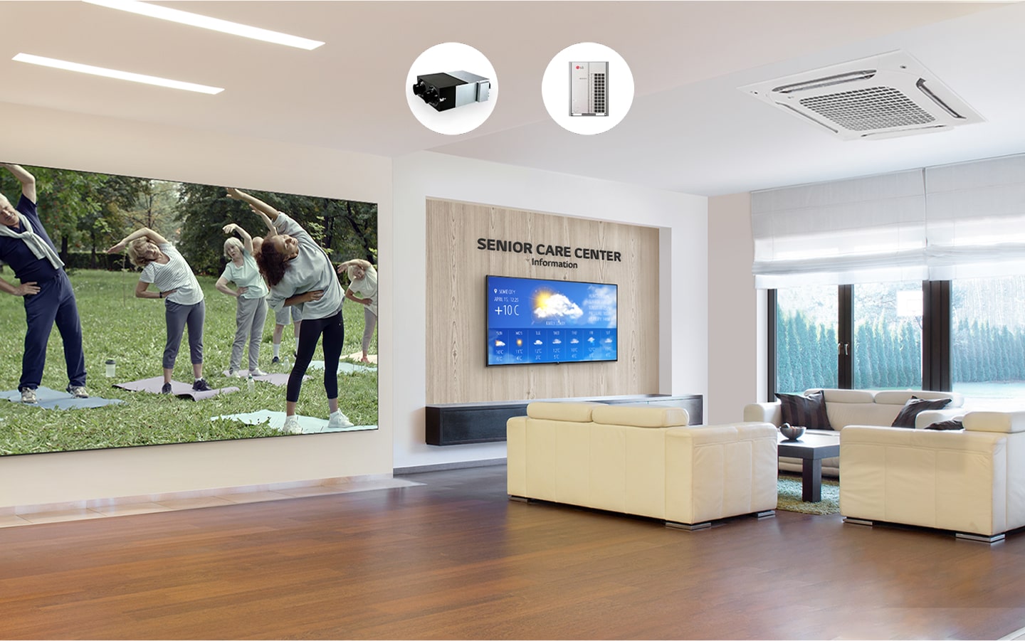 Senioren-Lounge mit Sofas, großen digitalen Displays für Wetterinformationen und Trainingsvideos sowie Decken-HVAC-Systemen.