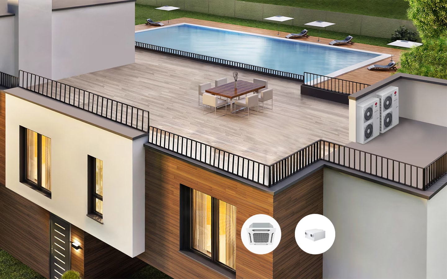 Ein modernes Haus mit einer Dachterrasse, auf der sich ein Swimmingpool, ein Esstisch und Außenklimaanlagen befinden.