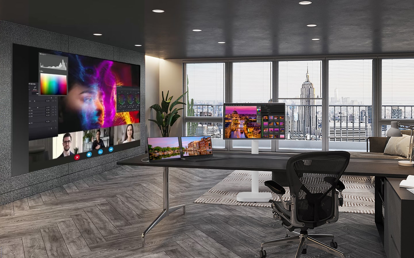 Ein modernes Büro mit großen Fenstern, mehreren Monitoren auf den Schreibtischen und einem großen Wanddisplay, auf dem Bilder und Videoanrufe angezeigt werden.