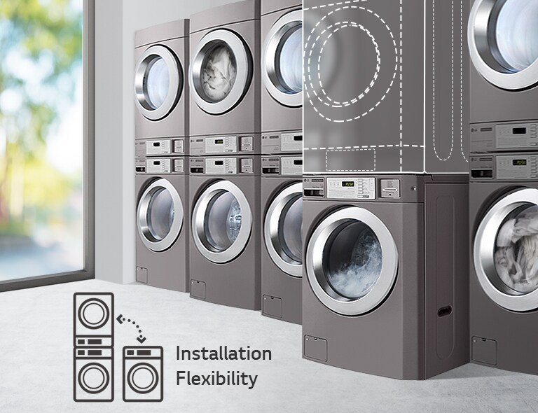Mehrere gewerbliche Waschgeräte von LG in modularen Blöcken angeordnet, als Beispiel für die Installationsflexibilität. Das variable Design passt sich unterschiedlichsten Räumen an – ideal für skalierbare gewerbliche Wäschereilösungen.