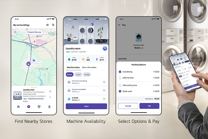 Oberfläche der Kunden-App mit Anzeige verfügbarer Waschsalons in der Nähe und Maschinenstatus