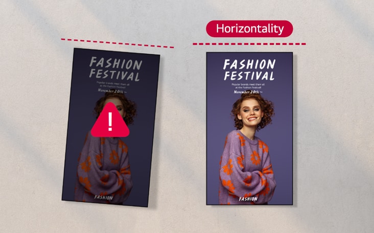 Die linke Seite zeigt eine falsch ausgerichtete Displayinstallation, während die rechte Seite eine richtig ausgerichtete Konfiguration darstellt.