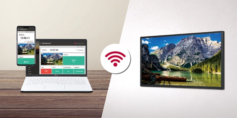 Dieses Bild zeigt, dass der auf der Control-Manager-Seite eingestellte Inhalt und der auf der Signage angezeigte Inhalt identisch sind. Es verdeutlicht, dass die SM5J-Reihe über den Control Manager mit Geräten wie einem Mobiltelefon und einem Laptop aus der Ferne gesteuert und überwacht werden kann.