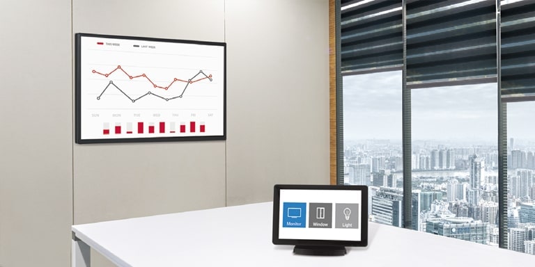 In einem Besprechungsraum ist ein SM5J mit einem AV-Steuerungssystem installiert, mit dem Benutzer das AV der Displays der SM5J-Reihe steuern können.