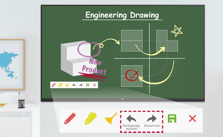 Technisches Zeichnen mit dem Kommentarwerkzeug des TR3PJ und den Funktionen „Rückgängig“ und „Wiederherstellen“.
