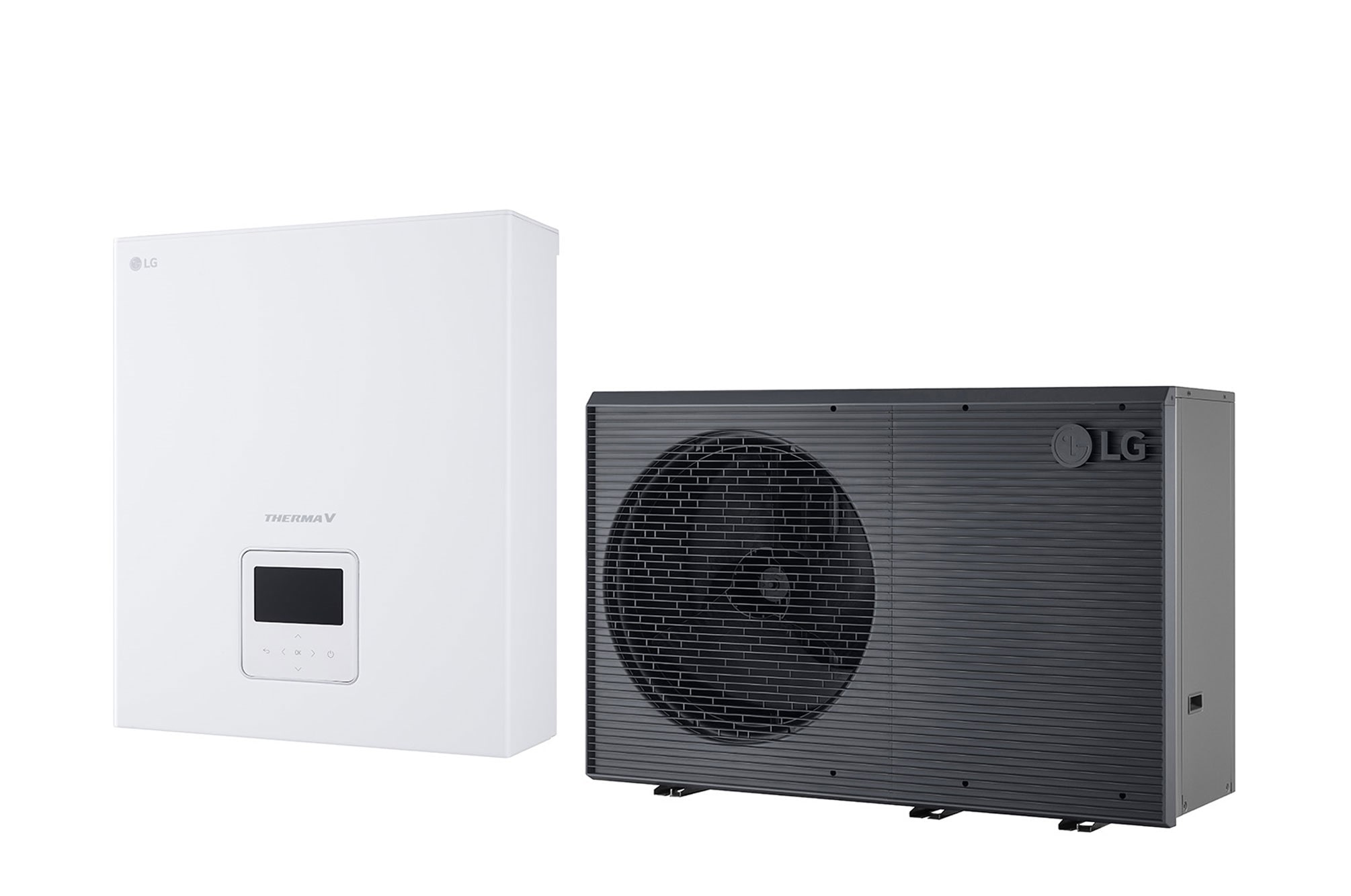 LG Luft-Wasser-Wärmepumpe THERMA V, schwarzes Außengerät mit grauem Wellengitter