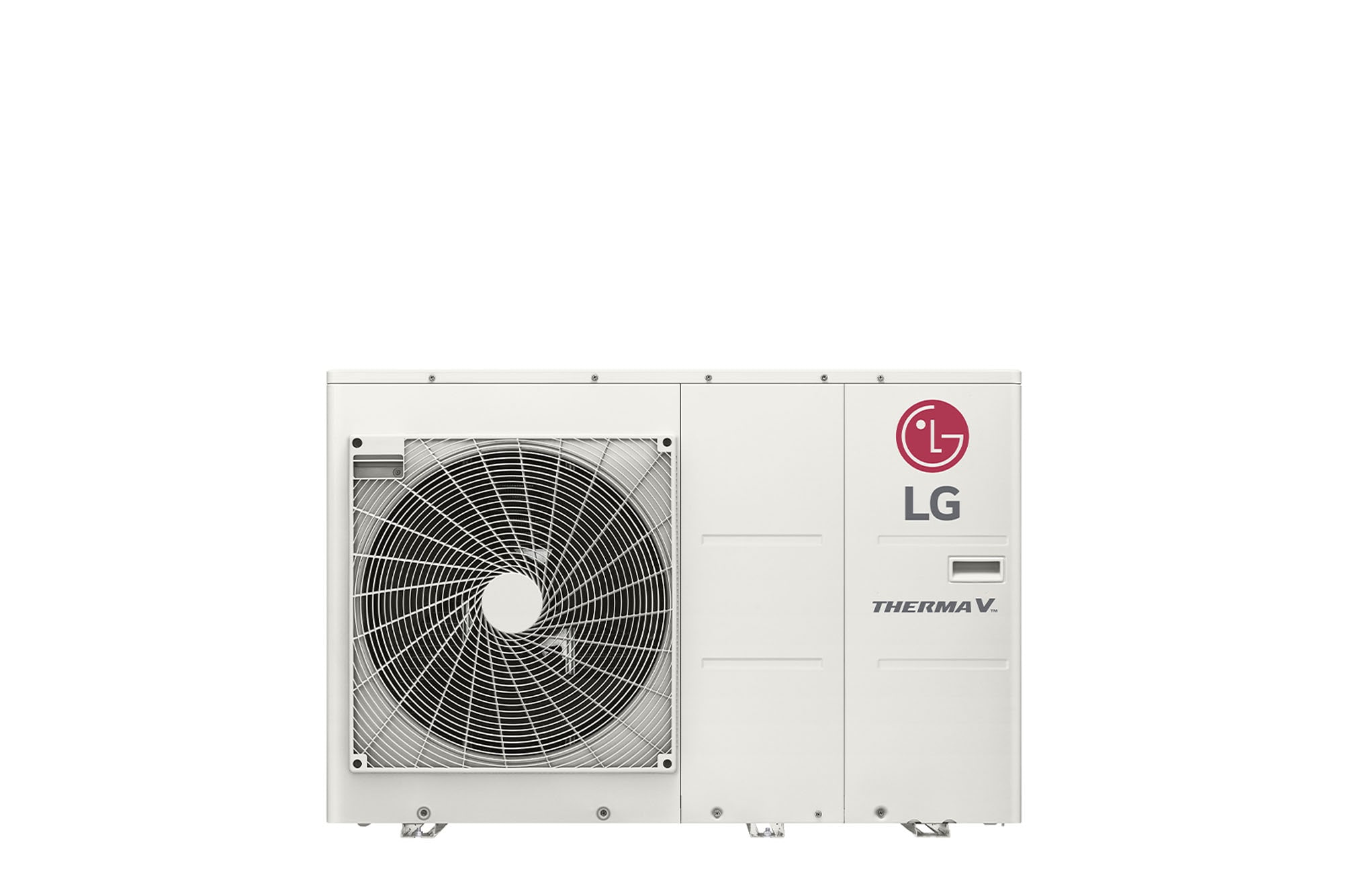 Vorderansicht des weißen rechteckigen LG R32 Monoblock S mit einem runden Lüfter und LG-Logo oben rechts.