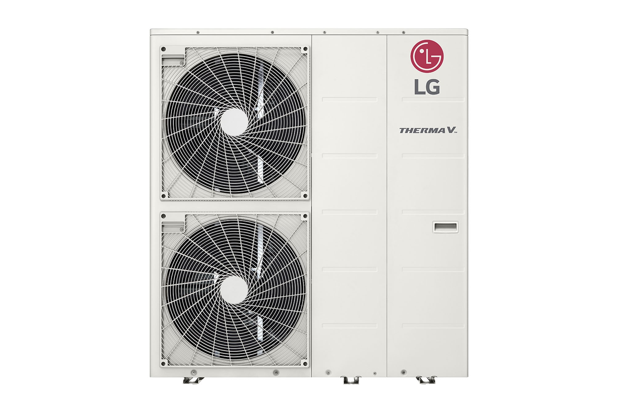 Vorderansicht des weißen rechteckigen LG R32 Monoblock S mit zwei runden Lüftern in vertikaler Richtung und LG-Logo oben rechts.	