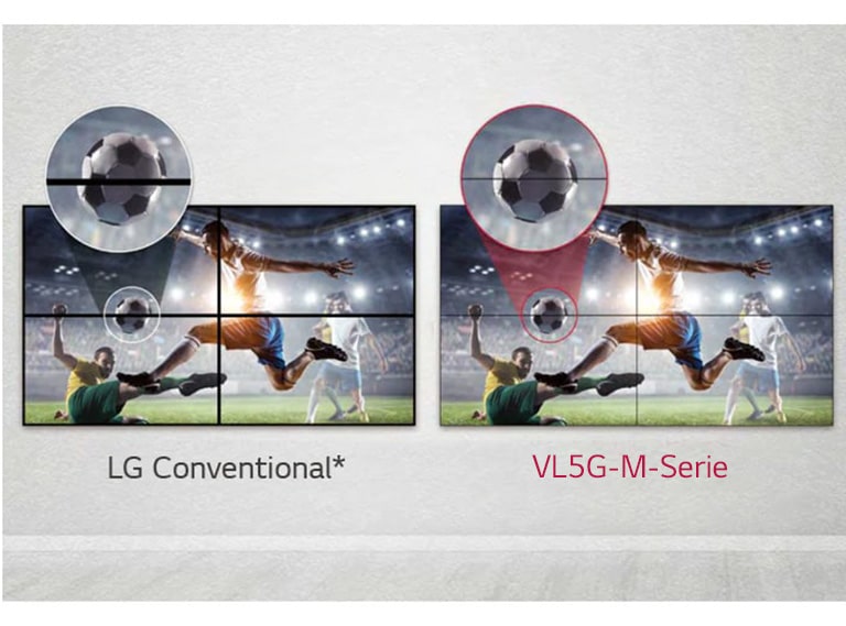 Die VL5G-M-Serie hat eine geringere Bildlücke zwischen gekachelten Bildschirmen im Vergleich zu herkömmlichen LG-Produkten, sodass der Inhalt gut zu sehen ist, ohne durch die Lücke gestört zu werden.