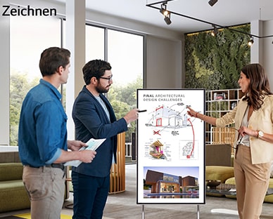 Mehrere Menschen besprechen und teilen ihre Ideen unter Verwendung von LG One:Quick Flex. Eine Person macht sich mit einem speziellen Touch-Pen Notizen zu den auf dem One:Quick-Flex-Bildschirm angezeigten Daten. Das vom LG One:Quick Flex gesendete Bild wird auf dem Smartphone einer Frau angezeigt.