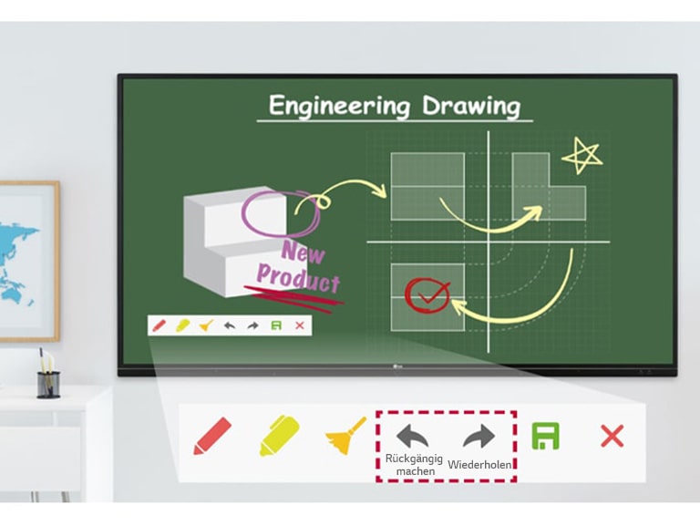 Technisches-Zeichnen-Unterricht mit dem Kommentarwerkzeug des TR3BG und den Funktionen „Rückgängig machen“ und „Wiederholen“.