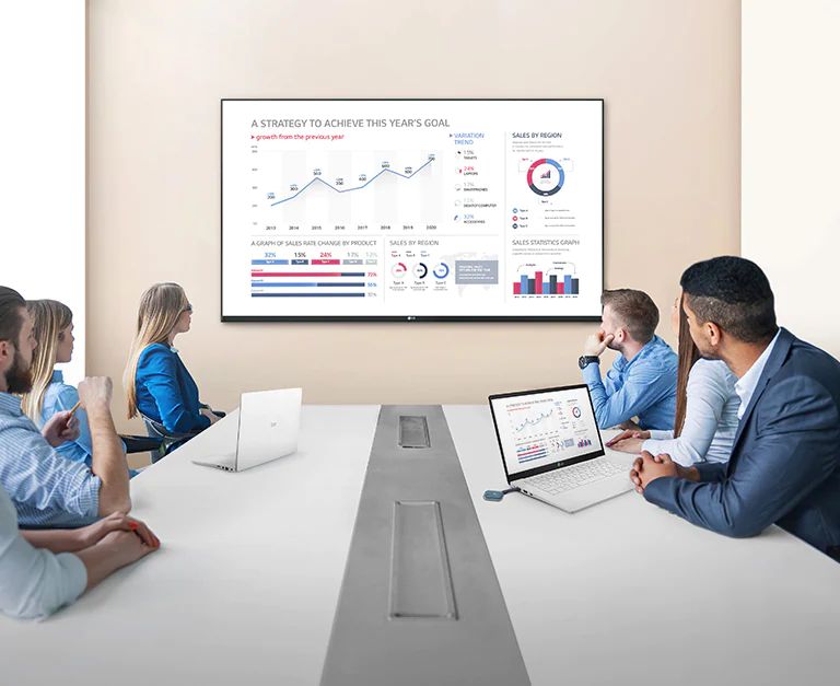 Ein Meeting findet statt, indem ein USB-Dongle-Gerät an ein Laptop angeschlossen wurde und der Bildschirminhalt auf einem großen Signage-Display an der Wand wiedergegeben wird.