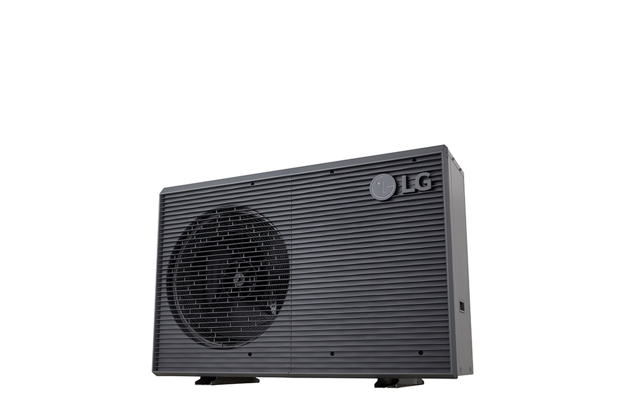LG Luft-Wasser-Wärmepumpen HM071MRS UA40, Ansicht unten rechts einer schwarzen Außeneinheit mit grauem wellenförmigen Gitter.