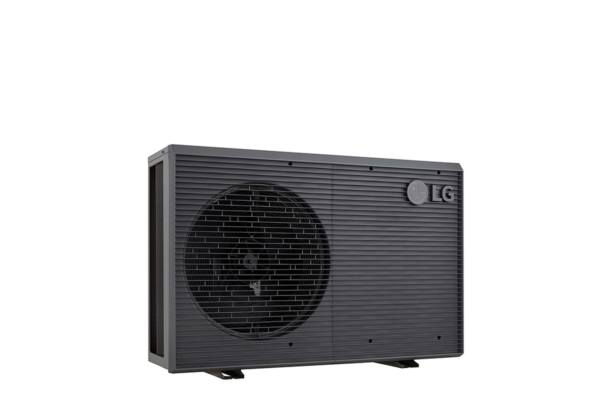 LG Luft-Wasser-Wärmepumpen HM071MRS UA40, Ansicht aus linker Ecke einer schwarzen Außeneinheit mit grauem wellenförmigen Gitter.