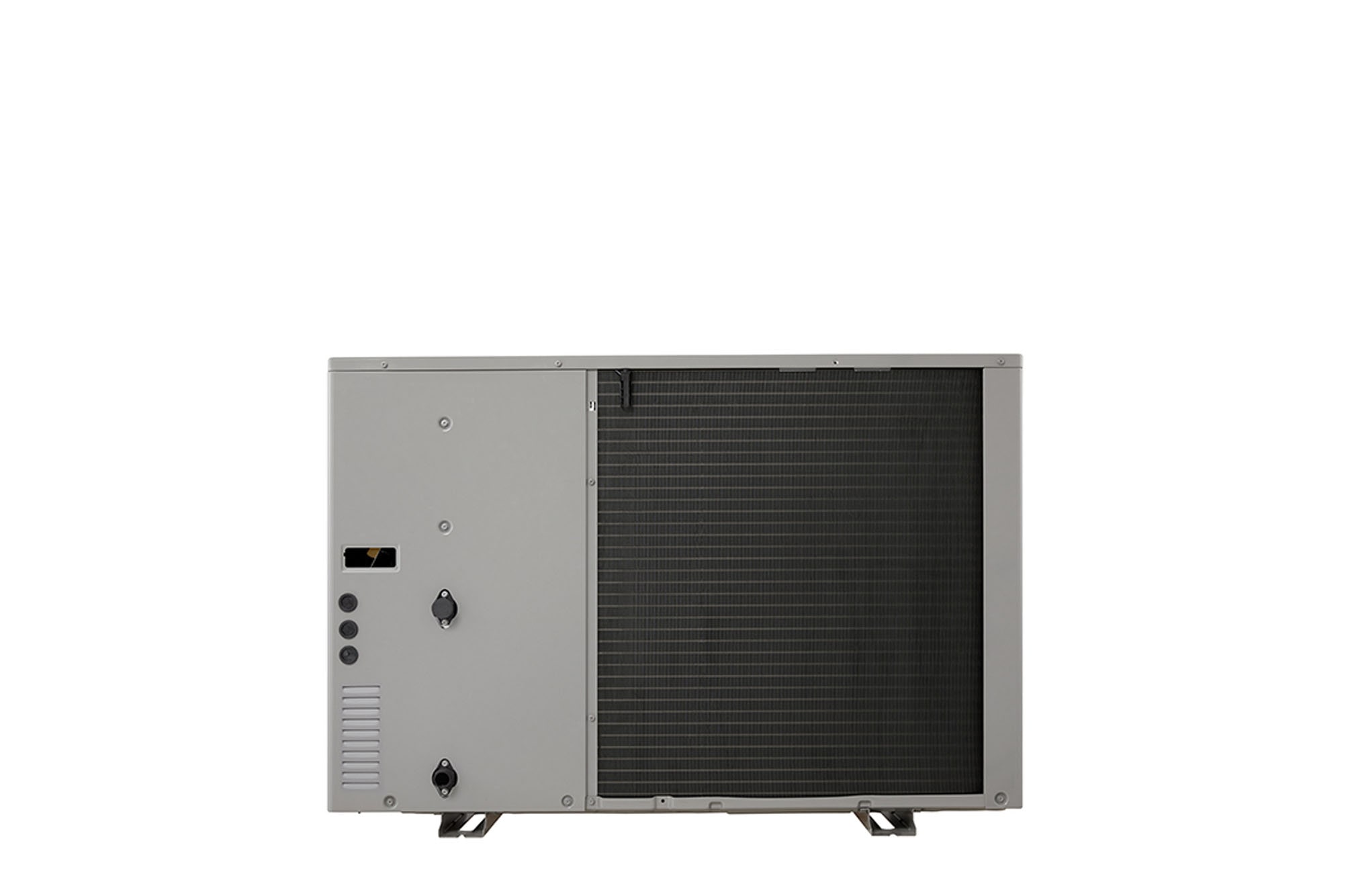 LG Luft-Wasser-Wärmepumpen HM071MRS UA40, Rückansicht einer schwarzen Außeneinheit mit grauem wellenförmigen Gitter.