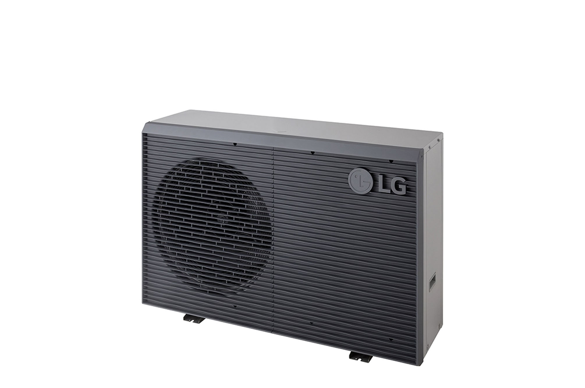 LG Luft-Wasser-Wärmepumpen HM071MRS UA40, Ansicht oben rechts einer schwarzen Außeneinheit mit grauem wellenförmigen Gitter.