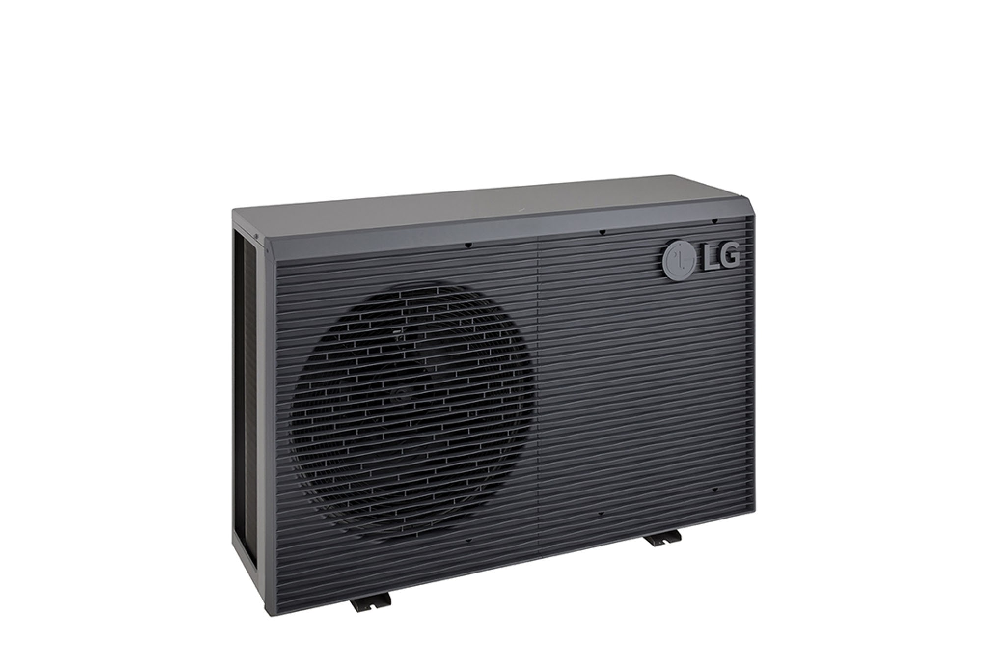 LG Luft-Wasser-Wärmepumpen HM071MRS UA40, Ansicht oben links einer schwarzen Außeneinheit mit grauem wellenförmigen Gitter.