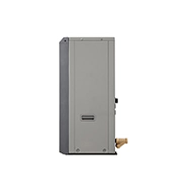 LG Luft-Wasser-Wärmepumpen HM071MRS UA40, rechte Seitenansicht einer schwarzen Außeneinheit mit grauem wellenförmigen Gitter und Lufteinlass.