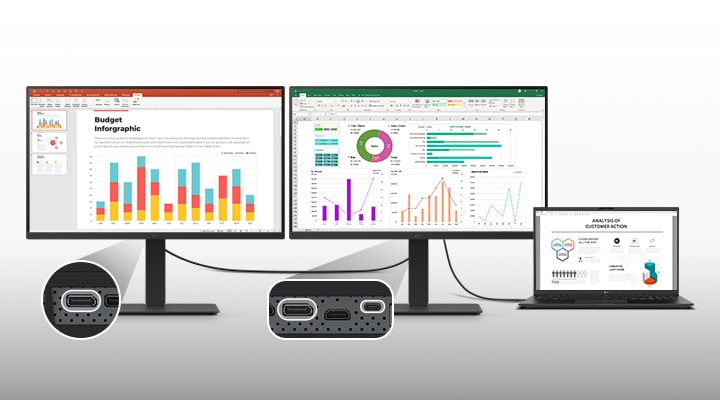 2 Monitore und ein Laptop, die einfach über ein einziges USB-C-Kabel verbunden sind.	