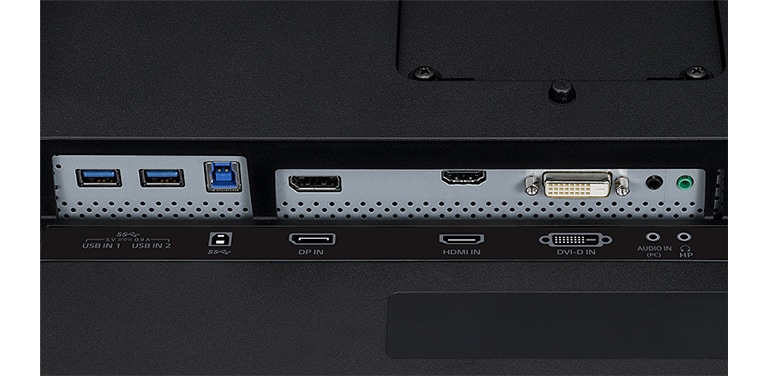 Nahaufnahme der DisplayPort-, HDMI- und DVI-Anschlüsse auf der Monitorrückseite