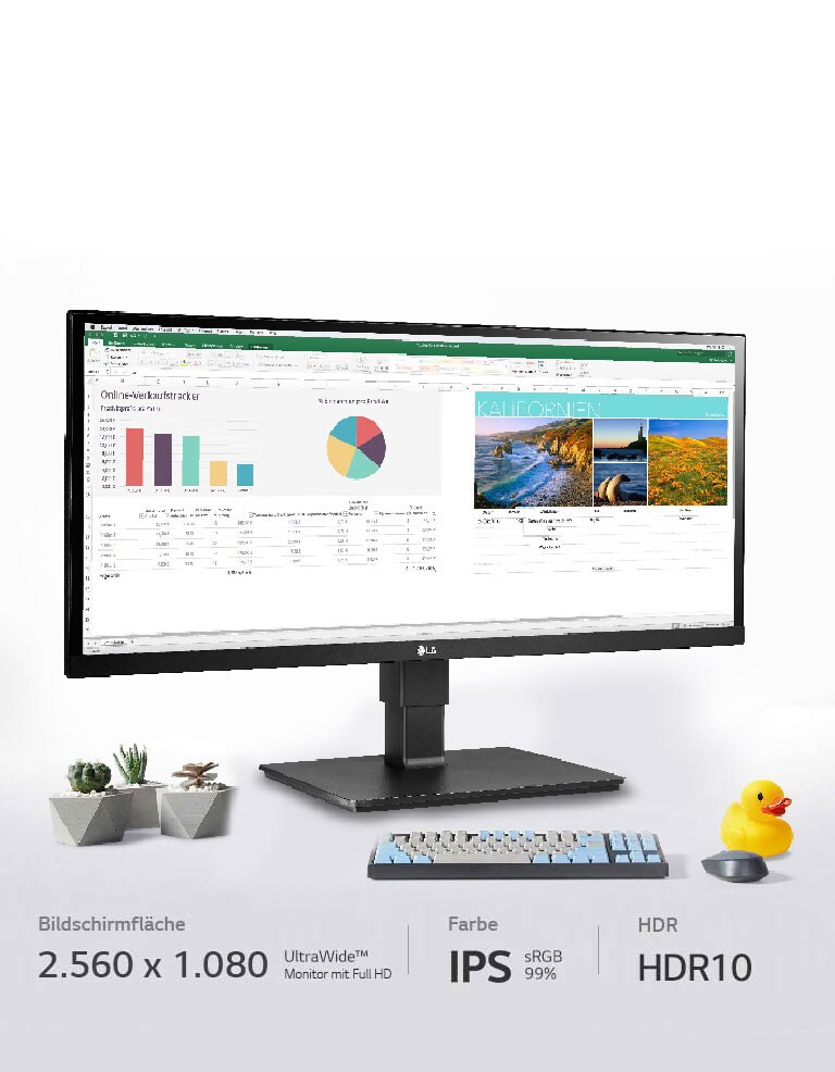 Der UltraWide™-Monitor mit Full HD (2.560 x 1.080), IPS, sRGB 99% und HDR10 lässt Sie mehr sehen und mehr erledigen.