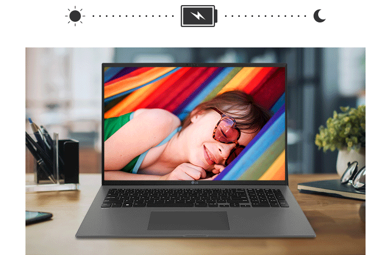 Wir sehen ein LG gram, das von früh bis spät ohne Stromzufuhr läuft.