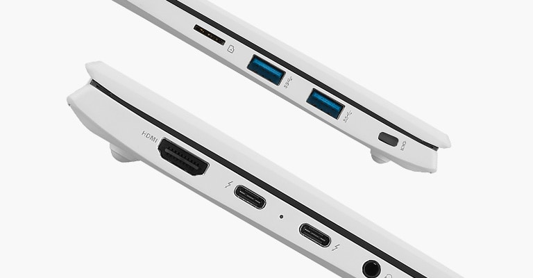 Wir sehen das LG gram mit seinen Thunderbolt™-4-Anschlüsse von der Seite.