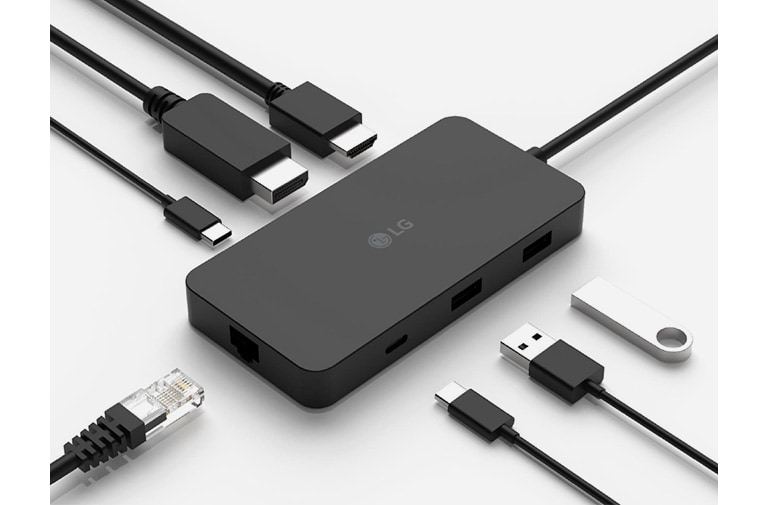 Der USB Multi Hub erhöht die Skalierbarkeit und bietet 2xUSB Typ-C, 2x USB Typ-A, HDMI, DisplayPort und RJ45.