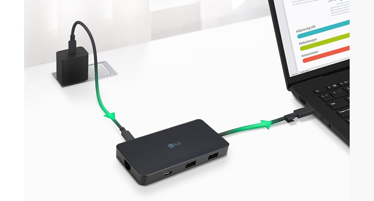 Mit dem USB Typ-C des UHG7, der bis zu 90 W Power Delivery unterstützt, kann das LG gram schnell aufgeladen werden.