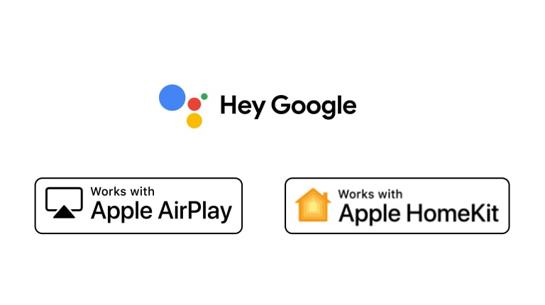 Details mit den Logos von Hey Google, Apple Airplay und Apple HomeKit, mit denen ThinQ AI kompatibel ist.
