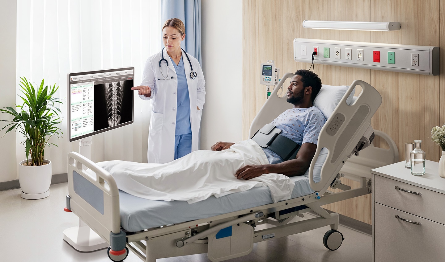 Ein Patient liegt in einem Krankenhausbett, zwei medizinische Fachkräfte stehen neben ihm. Neben dem Arzt befindet sich ein LG Smart Monitor Swing.