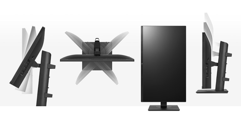 Der Monitor im ergonomischen Design unterstützt die Optionen Neigen, Schwenken, Drehen und Höhenverstellung.