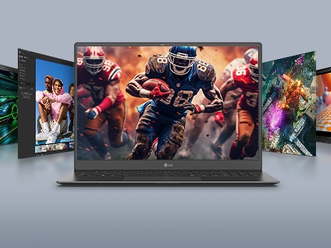 Ein Laptop, auf dessen Bildschirm eine actionreiche Fußballszene mit dem hervorgehobenen Text „31–144Hz“ zu sehen ist, umgeben von weiteren Bildschirmen mit verschiedenen visuellen Darstellungen. Diese Konfiguration betont die Vielseitigkeit von Spielen und Multimedia mit einer variablen Bildwiederholfrequenz.	