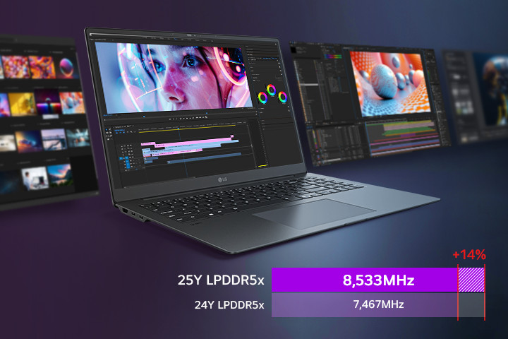 Ein eleganter Laptop wird mit einer lebendigen Videobearbeitungsoberfläche auf dem Bildschirm präsentiert, umgeben von zusätzlichen Bildschirmen, die verschiedene kreative Arbeitsabläufe zeigen. Ein Leistungsdiagramm in der unteren rechten Ecke hebt die LPDDR5x-Speichergeschwindigkeit von 8.533 MHz mit einer Verbesserung von 14 % im Vergleich zu 7.467 MHz LPDDR5x-Speicher hervor.	