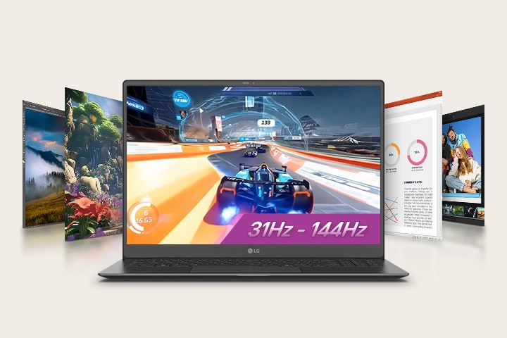 Eine Animation zeigt einen Laptop, auf dessen Bildschirm eine actionreiche Fußballszene mit dem hervorgehobenen Text „31Hz bis 144Hz“ zu sehen ist, umgeben von weiteren Bildschirmen mit verschiedenen visuellen Darstellungen. Diese Konfiguration betont die Vielseitigkeit von Spielen und Multimedia mit einer variablen Bildwiederholfrequenz.