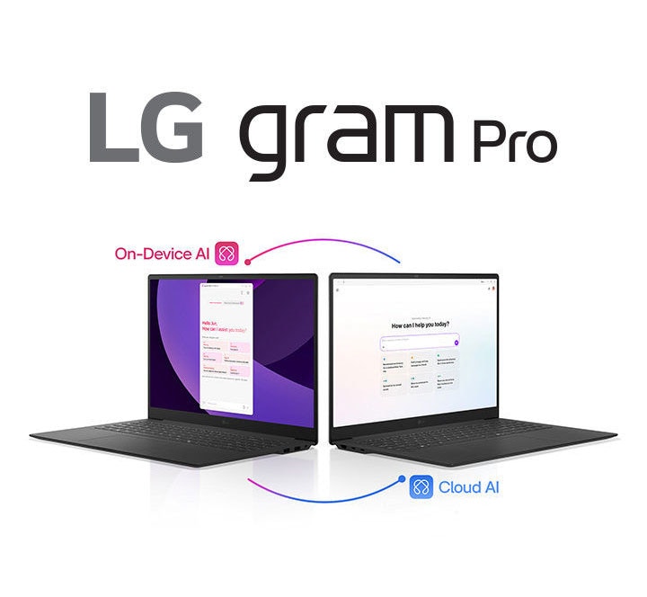 This image shows two laptops side by side, highlighting gram AI's On-Device AI and Cloud AI features.