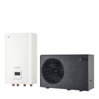 Nouvelle pompe à chaleur air-eau THERMA V LG de couleur noire conçue avec une grille ondulée grise