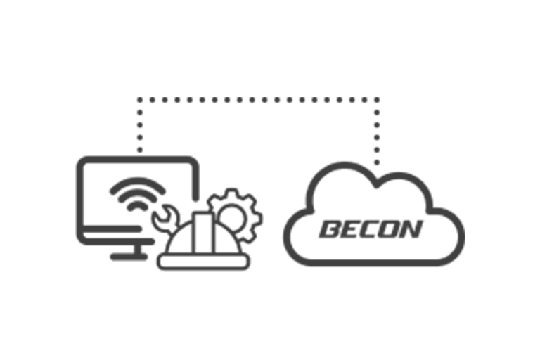 Un écran présentant une icône de Wi-Fi sur la gauche avec des icônes d’engrenage à l’avant est connecté à l’icône de LG BECON cloud sur la droite avec une ligne grise en pointillés.