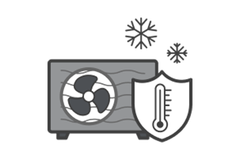 On voit une icône d’unité extérieure grise contenant un ventilateur et une grille ondulée tandis qu’un thermomètre à l’intérieur d’un badge de bouclier sur la droite indique des températures élevées, avec deux flocons de neige en haut.