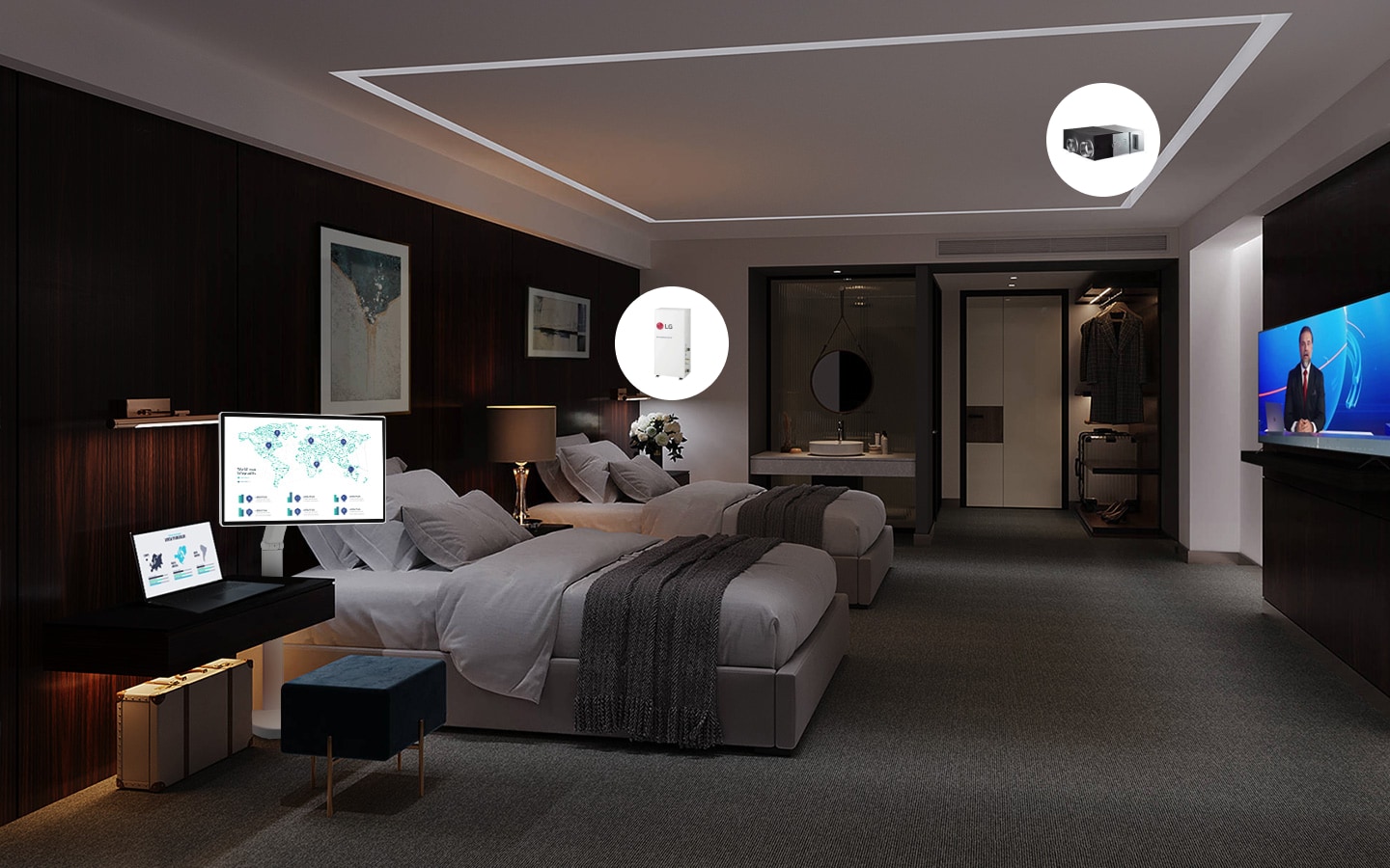 Chambre d’hôtel moderne équipée de solutions intégrées LG comprenant des écrans intelligents, des concealed duct et des projecteurs pour un confort immersif et des expériences personnalisées dans la chambre.