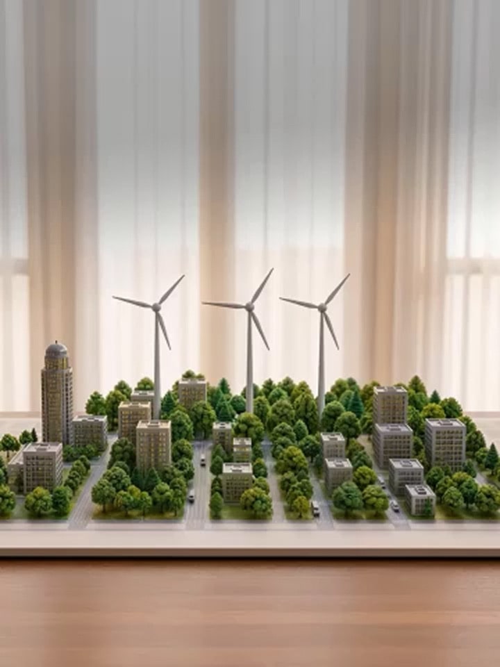 Miniature city model with trees, buildings, and wind turbines, representing sustainable urban energy.