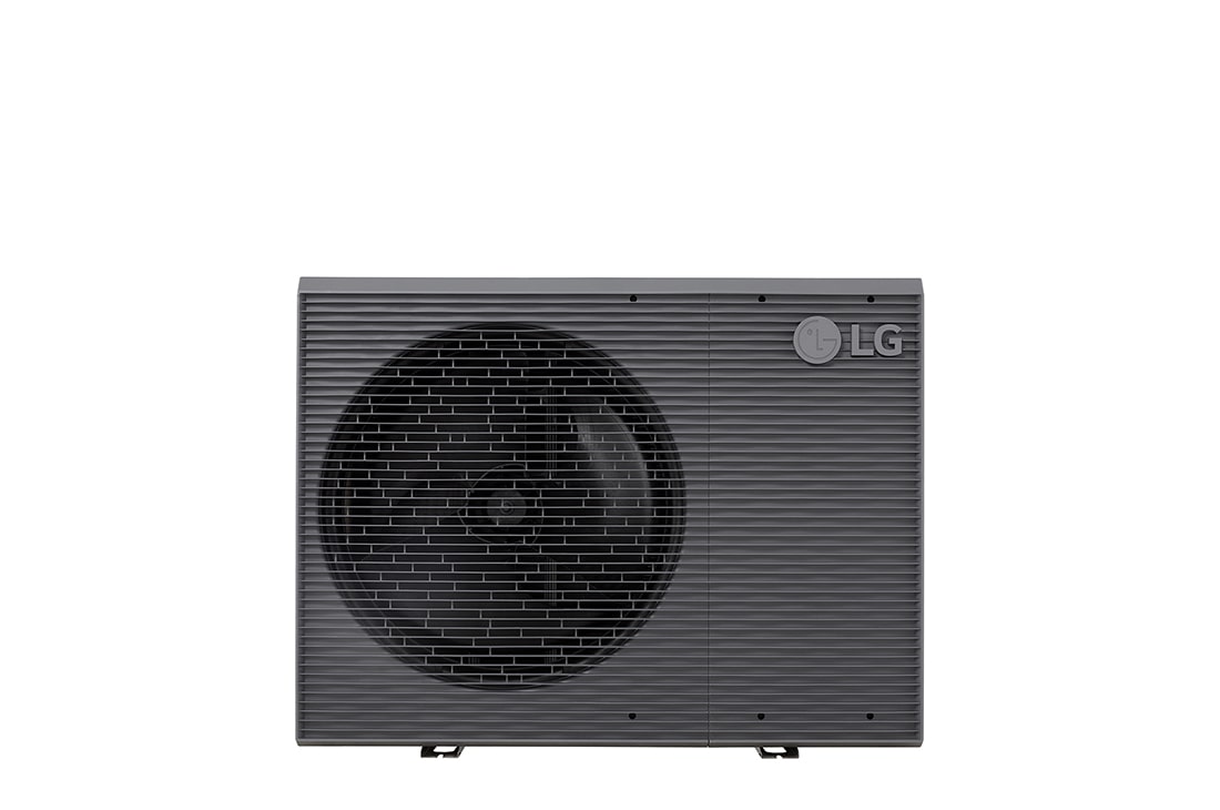 Pompes à chaleur air-eau LG HM121MRS UB40, vue avant d’une unité extérieure noire dotée d’une grille ondulée grise.